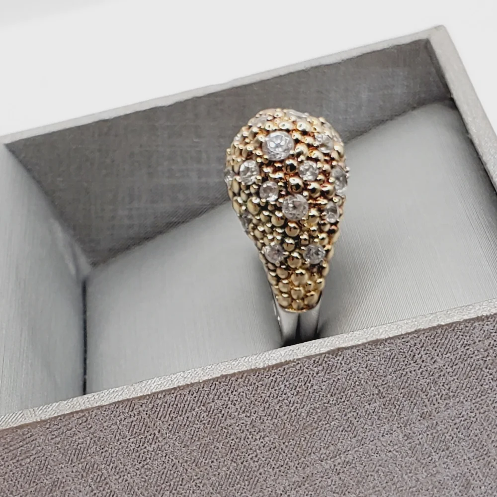 Genuine Round White Topaz 925 Sterling Silver - Gold Bubble Dome Flower Ring